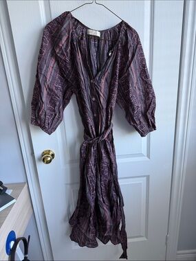 Natalie Martin Plum and Pink Paisley Tie-Waist Midi Dress